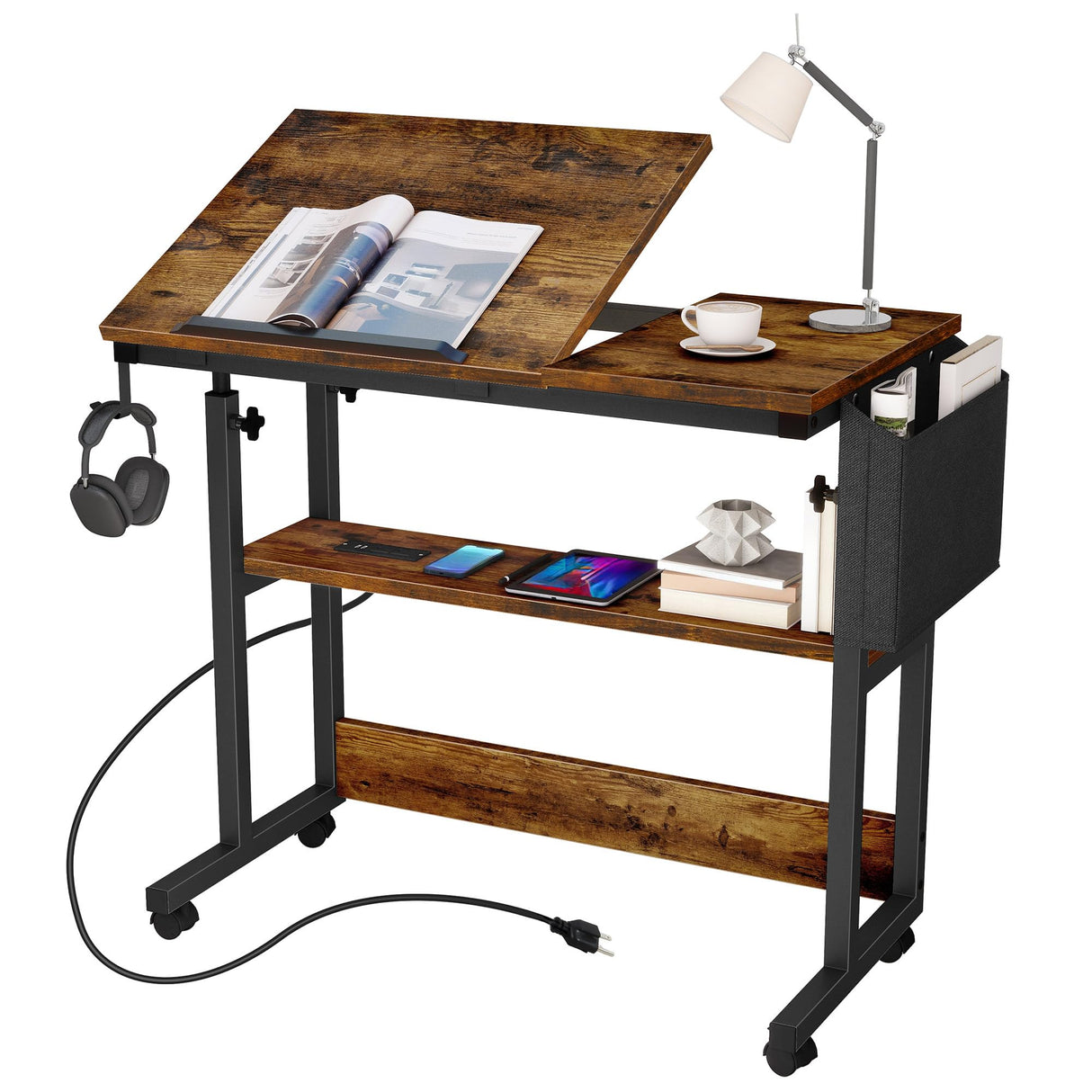 DWVO Height Adjustable Drawing Desk with Charging Station & Wheels, Rolling Craft Table with Tilting Top and Storage Bag, Small Standing & Sitting Laptop Computer Desk (Brown) DWVO