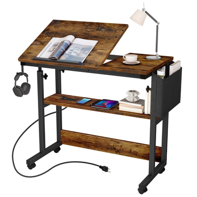 DWVO Height Adjustable Drawing Desk with Charging Station & Wheels, Rolling Craft Table with Tilting Top and Storage Bag, Small Standing & Sitting Laptop Computer Desk (Brown)