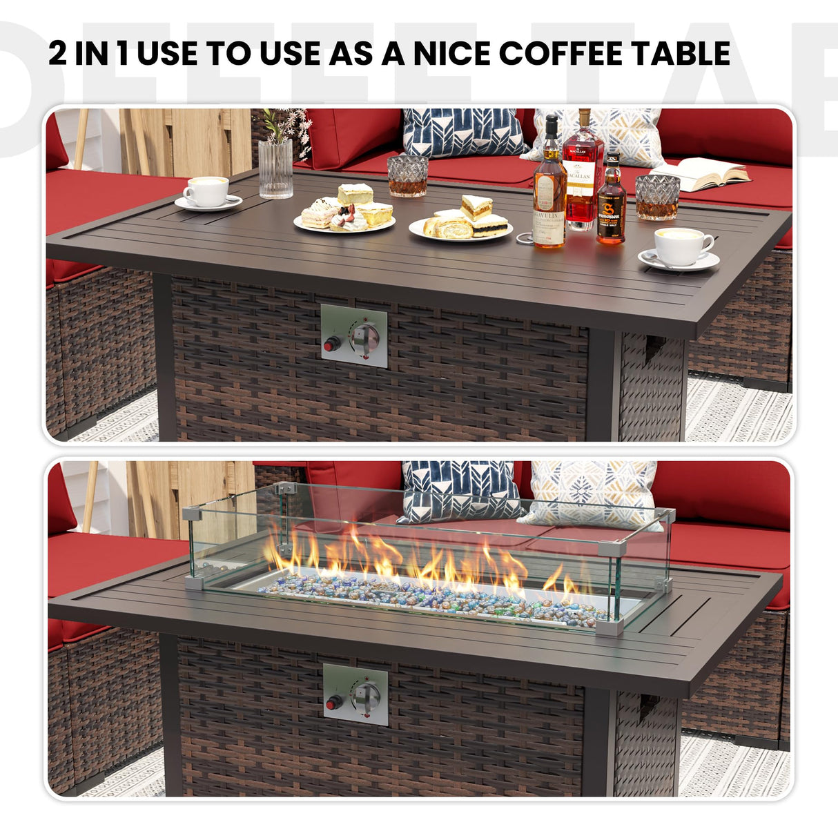 UDPATIO Patio Furniture Sets with Fire Pit Table, Modular Rattan Outdoor Conversation Patio Sectional Furniture Sofa Set for Backyard, Deck w/Coffee Table, 8PC Brown/Red (Include Sofa Cover) UDPATIO