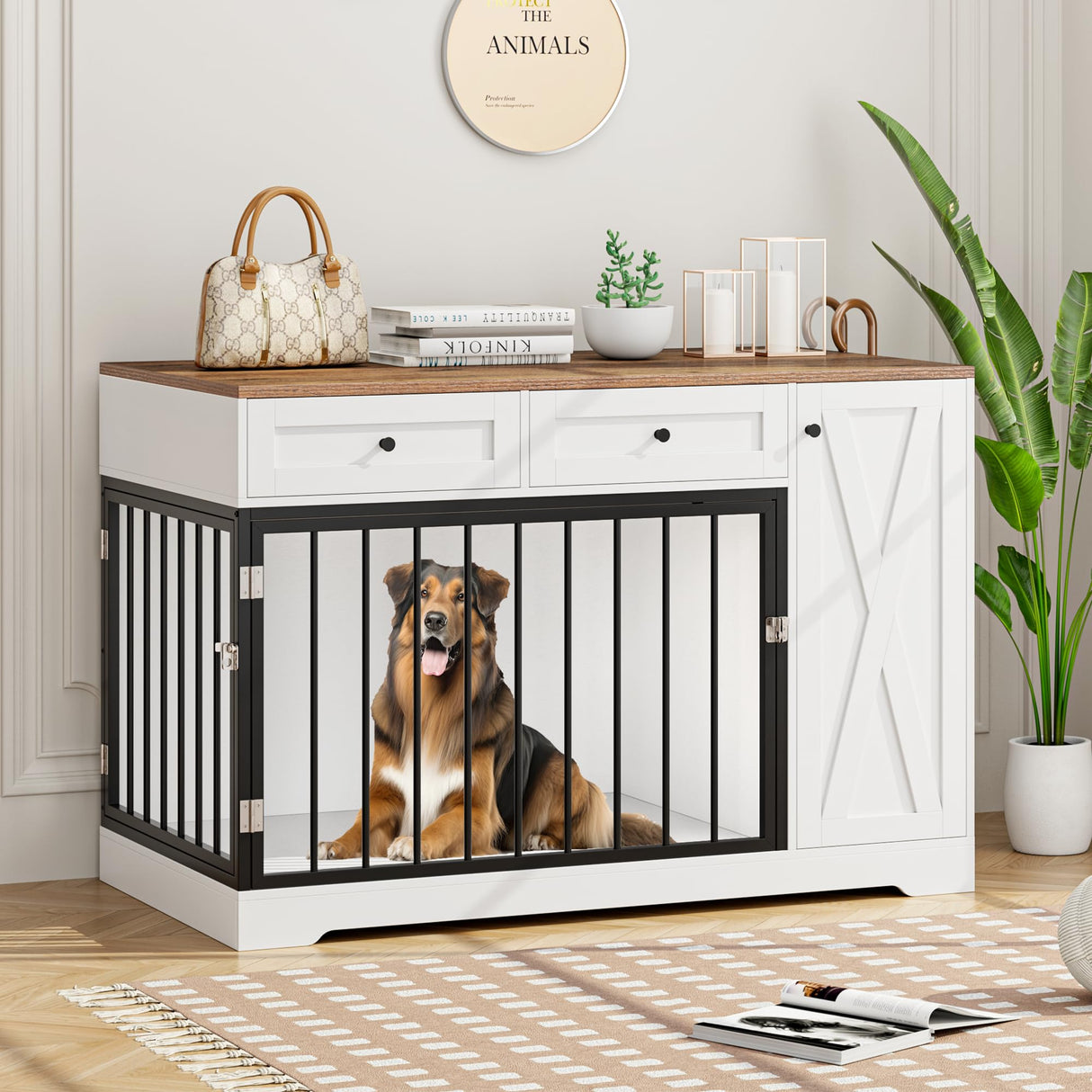 Dog Crate Furniture Kennel with Double Doors Wooden Pet House with 2 Drawers and Storage Cabinet, Indoor Dog Cage Farmhouse Modern Side End Table for Small Medium Dogs, White TTVIEW