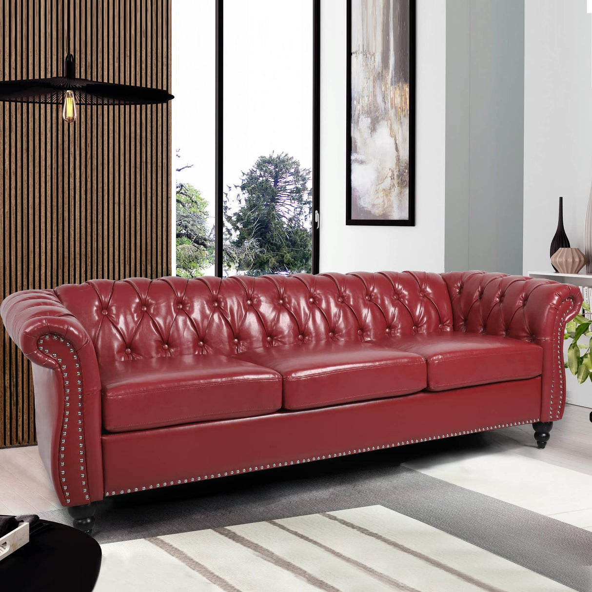 PHOYAL 3 Seater Sofa, Faux Leather Chesterfield Sofa Modern Tufted Couch 3 Seater Large Sofa with Scroll Arms and Nailhead for Living Room, Claret PHOYAL