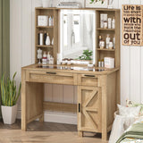 usikey Farmhouse Makeup Vanity Desk with Mirror and Lights, Glass Tabletop Makeup Vanity with Adjustable Shelves, Vanity Table Set with 2 Drawers and Side Cabinet for Bedroom, Maple usikey