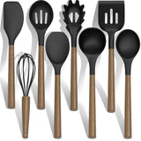 Silicone Kitchen Cooking Utensil Set, 9Pcs Kitchen Utensils Spatula Set with Wooden Handle for Nonstick Cookware, 446°F Heat Resistant Silicone Kitchen Gadgets Utensil Set with Large Holder（Black） CACOLES