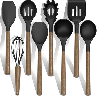 Silicone Kitchen Cooking Utensil Set, 9Pcs Kitchen Utensils Spatula Set with Wooden Handle for Nonstick Cookware, 446°F Heat Resistant Silicone Kitchen Gadgets Utensil Set with Large Holder（Black）