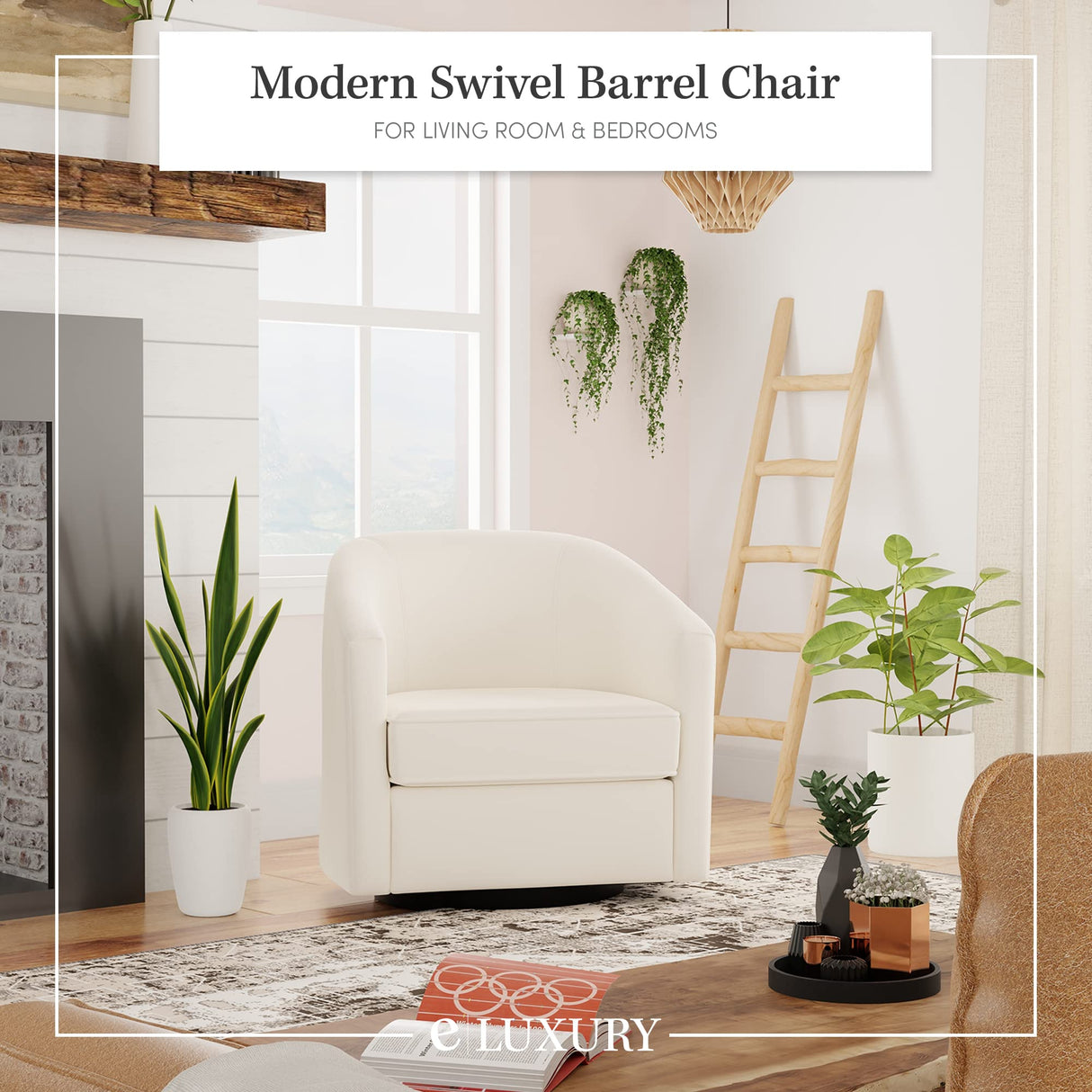 eLuxurySupply Swivel Accent Chair - Traditional Barrel Upholstered Armchair with Swivel Base - Premium High Density Foam Cushion for Supreme Comfort - No Assembly - Cream Velvet eLuxurySupply