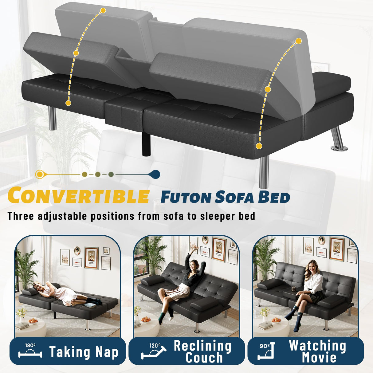 Furmax Futon Sofa Bed Adjustable Futon Couch Sleeper Sofa Bed for Living Room, Business Office, Recliner Sofa with Cup Holders (PU Leather, Black) Furmax