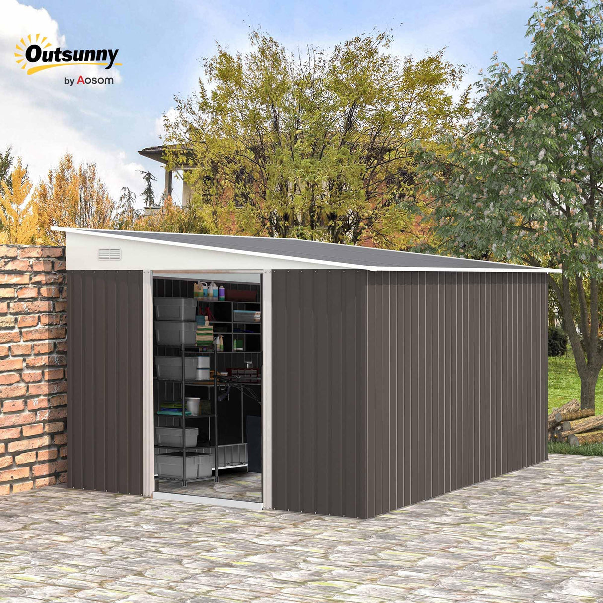 Outsunny 11' x 9' Outdoor Storage Shed, Metal Garden Tool House with Sloping Roof and Lockable Door for Backyard, Bike, Patio, Garage, Lawn, Gray Outsunny