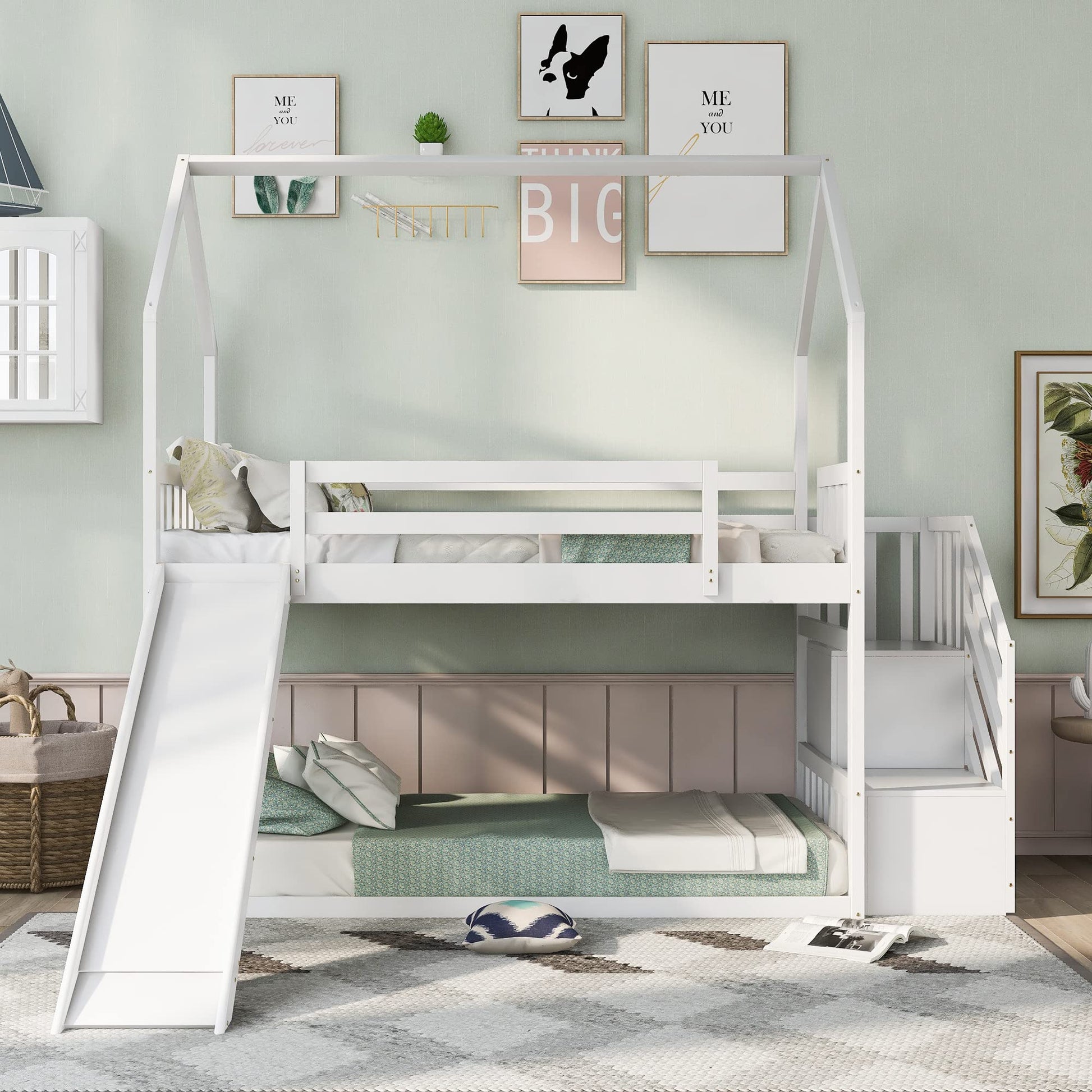 RuiSiSi Twin Over Twin Solid Wood Bunk Bed with Slide and Storage Staircase, White - WoodArtSupply