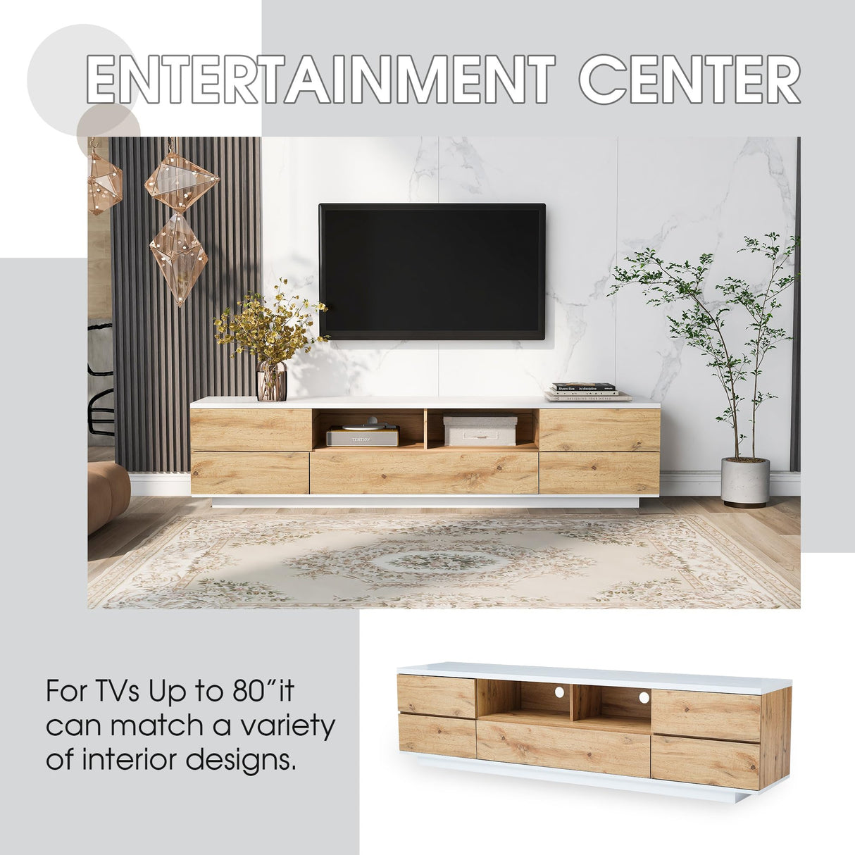 Merax Wood TV Stand Entertainment Center with Storage Cabinets & Open Shelves, Modern TV Console Table for TVs Up to 80” for Living Room Bedroom (Natural) Merax