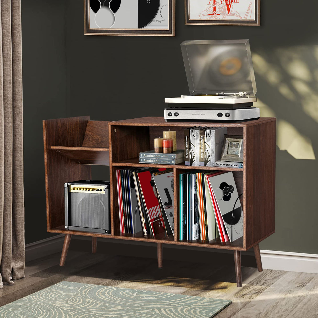 QHITTY Record Player Stand, Mid-Century Modern Vinyl Record Storage Cabinet Table with Wood Legs, Turntable Stand Record Holder Holds Up to 300 Albums for Living Room, Bedroom QHITTY