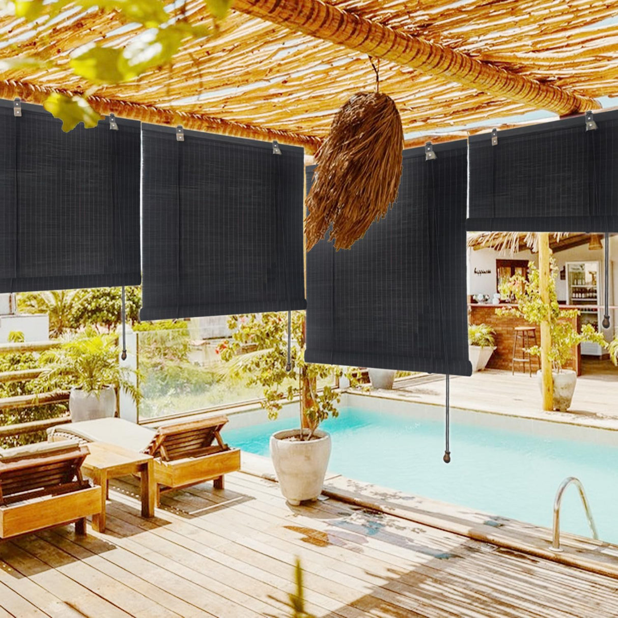 Lsjoaw Bamboo Blinds 27x48in/69x122cm Bamboo Roll Up Blind Shades Roller Window Shades Patio Shades Roll Up with Lift Bamboo Shades for Windows Porch Balcony Reed Shades,Black Lsjoaw