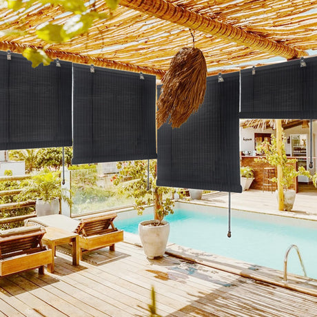 Lsjoaw Bamboo Blinds 28x40in/71x102cm Bamboo Roll Up Blind Shades Roller Window Shades Patio Shades Roll Up with Lift Bamboo Shades for Windows Porch Balcony Reed Shades,Black Lsjoaw