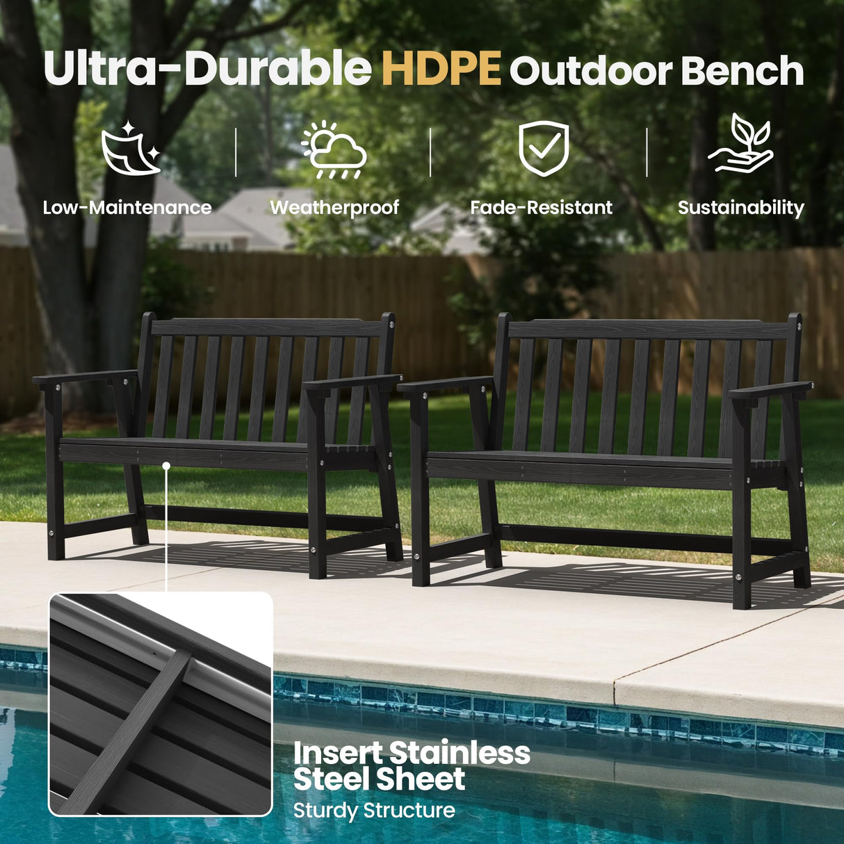 Ciokea 44" Outdoor Bench, HDPE Weatherproof Garden Bench, 2-Person Porch Benches with 550 Lbs, Waterproof Patio Benches for Outside Balcony Deck Backyard, Black Ciokea