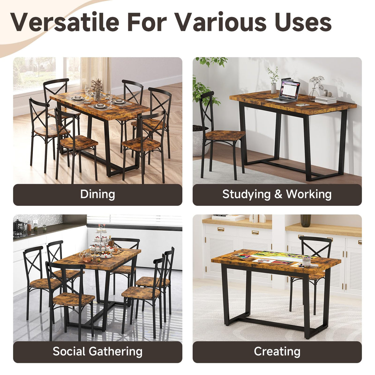 Zevemomo 7-Piece Dining Table with Chairs Set, Rectangular Metal Frame Table with 6 Chairs, Modern Table Furniture Set for Kitchen, Dining Room and Living Room, Brown Zevemomo