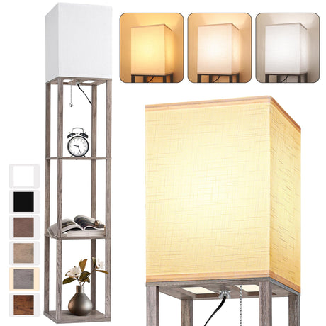 Floor Lamp with Shelves for Living Room Oak Gray, Shelf Floor Lamp with 3 CCT LED Bulb, Corner Display Standing Column Lamp Etagere Organizer Tower Nightstand with White Linen Shade for Bedroom Office PARTPHONER