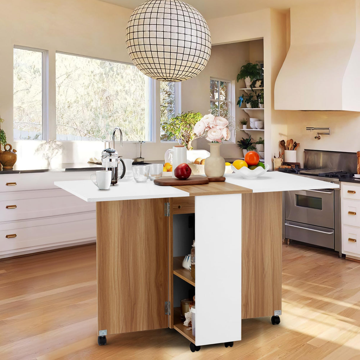 UPHYB Folding Dining Table, Drop Leaf Dining Table with Lockable Wheels, Space Saving Extendable Dinner Table with Storage, Kitchen Table for Small Spaces (White and Wood Grain) UPHYB