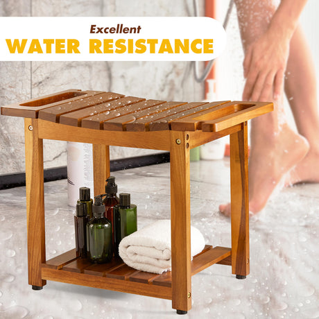 BLUEWEST Shower Bench Seat with Storage Shelf, Natural Wood Shower Benches for Inside Shower to Sit on, Waterproof Bathroom Spa Bench Stool for Legs Shaving with Built-in Handle & Shower Head Holder BLUEWEST