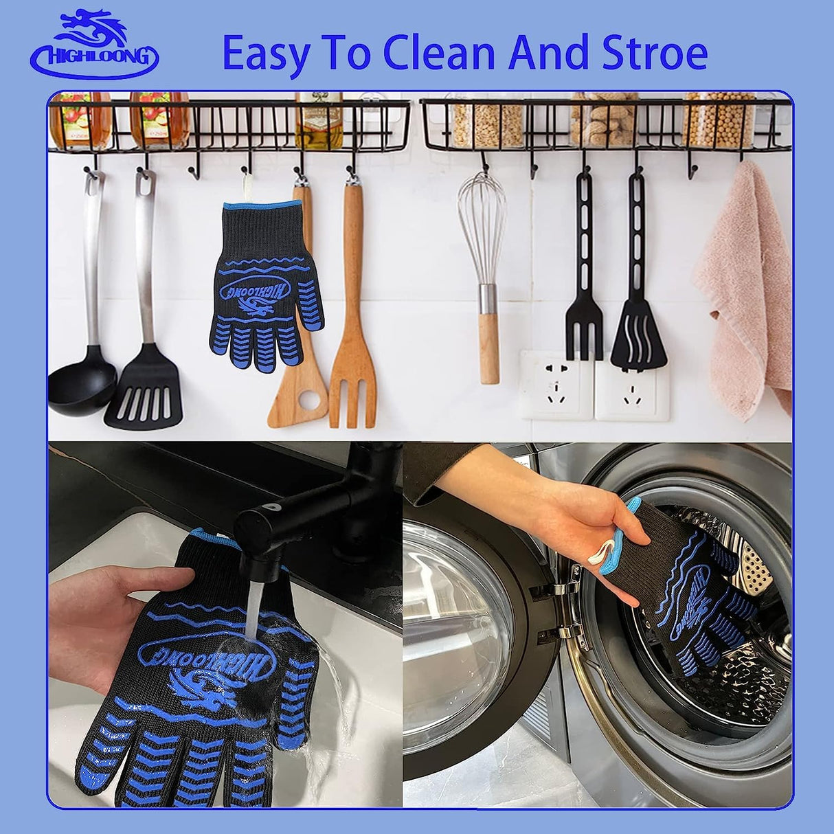 1472°F Extreme BBQ Gloves Grill Gloves Oven Safety Gloves, Cut Resistant BBQ Gloves with Non-Slip Silicone for Grilling, Frying, Baking, Fireplace, Cooking (2 pieces set) (Black Strips Long) HIGHLOONG