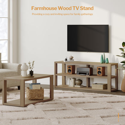 SICOTAS Farmhouse 3-Tier Wood TV Stand for 50-65 Inch TVs - Versatile Console Table with Open Storage for Living Room and Small Spaces - WoodArtSupply