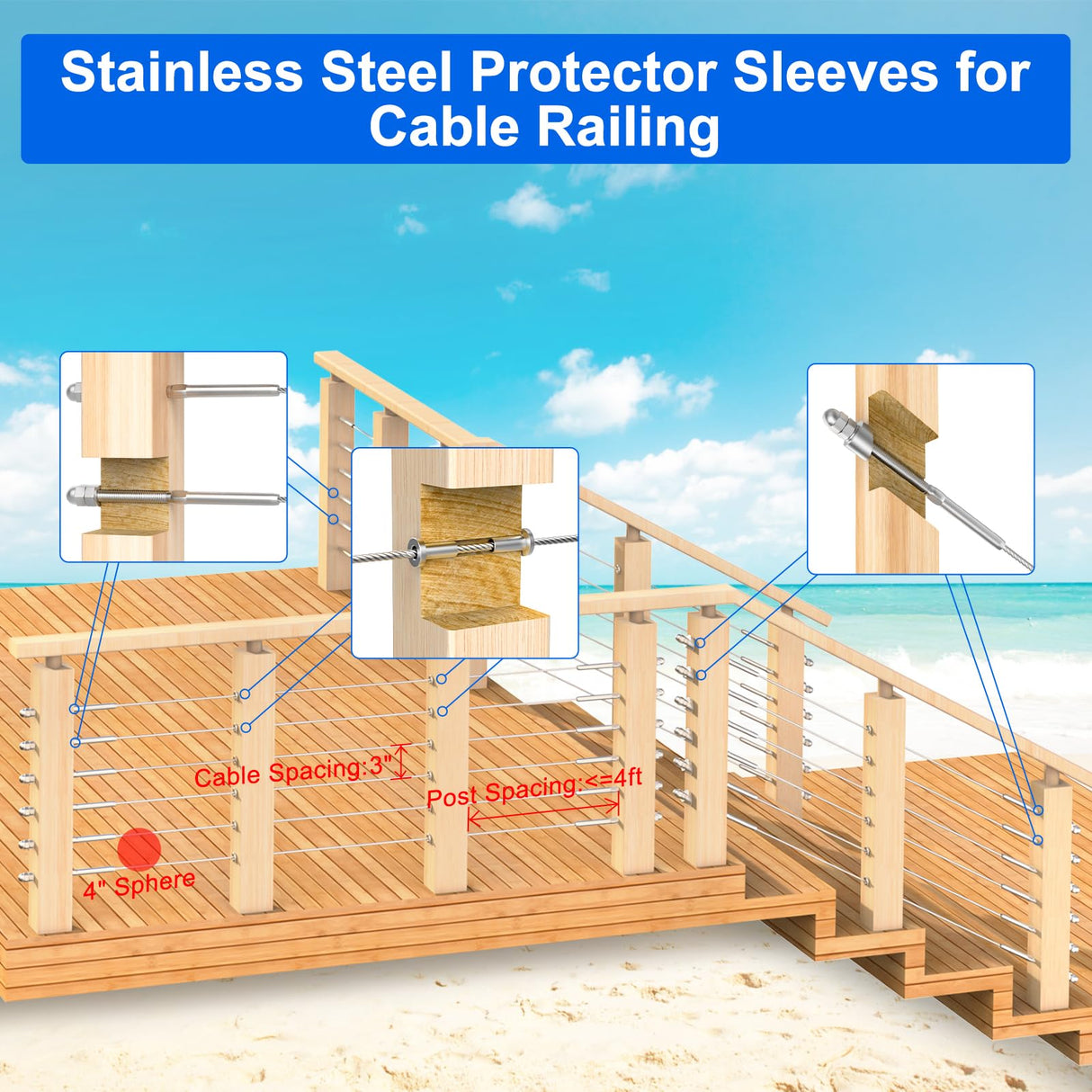 BLIKA 120 Pack Stainless Steel Protector Sleeves for 1/8" 5/32" or 3/16" Deck Cable Railing, for Wood/Composite Posts, T316 Marine Grade BLIKA