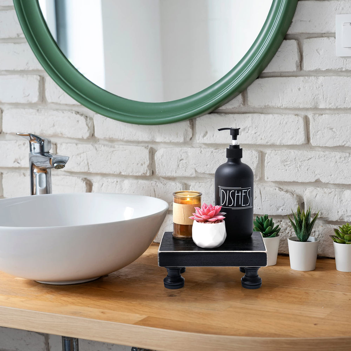 Delimux Farmhouse Wood Riser Decorative Pedestal Stand Rectangular Wood Tray Displays Decorations Rustic Home Bathroom Counter Wooden Riser (Black) Delimux