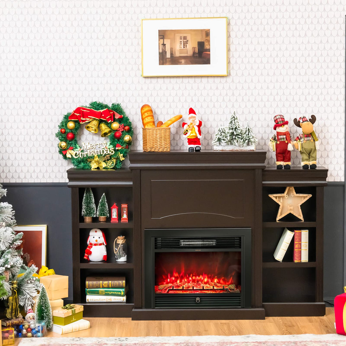 Tangkula 70 Inches Freestanding Mantel Stand, Modern Media Fireplace Cabinet for Living Room Bedroom, Wooden Mantel Console Table w/Storage Shelves for 28.5-Inch Electric Fireplace (Stand Only) Tangkula