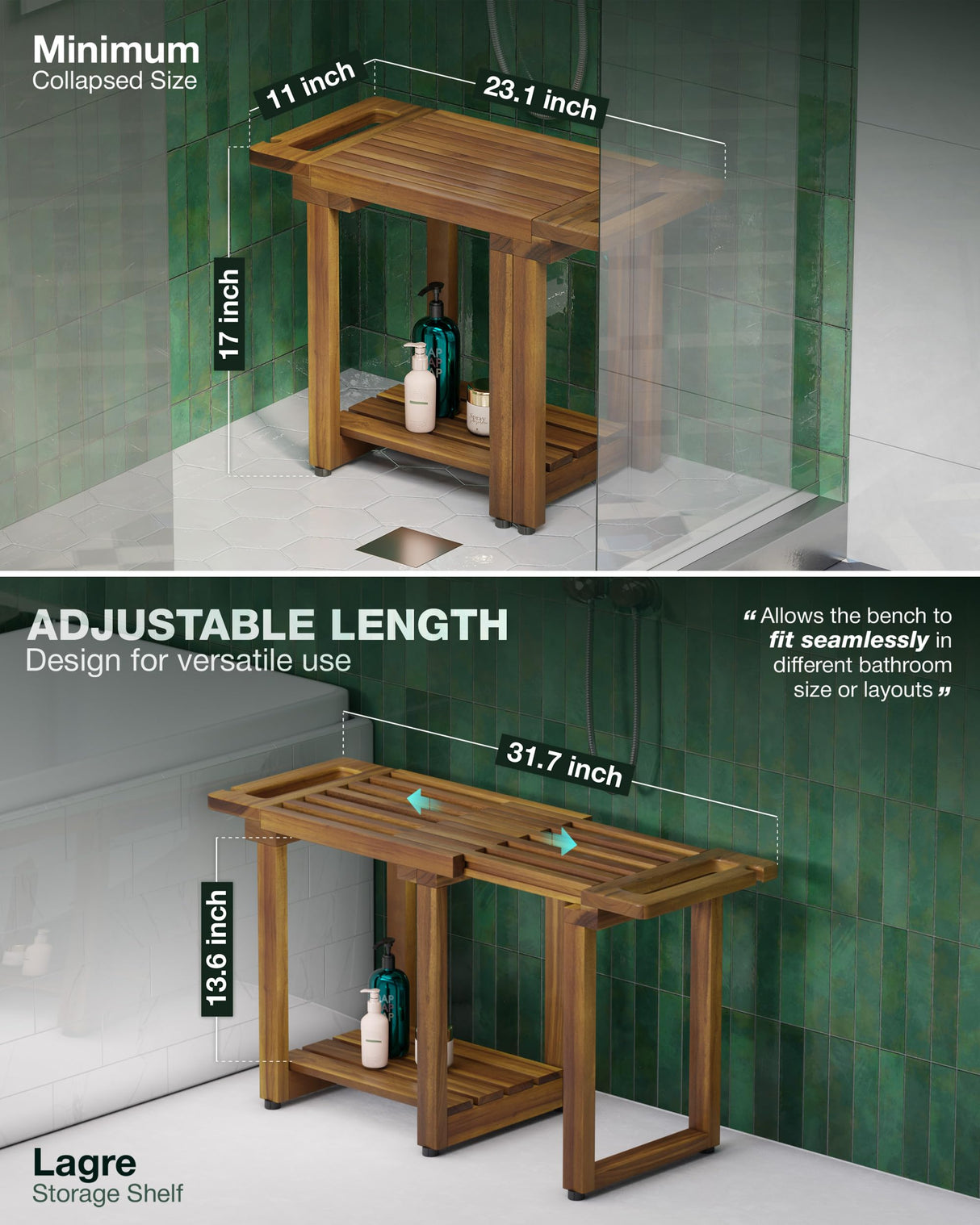 BLUEWEST Adjustable Shower Bench Stool for Inside Shower – 31.7'' Wood Bathroom Bench with Storage Shelf, Built-in Handle & Shower Head Holder, Waterproof Ideal for Sitting, Shelving Legs and Spa Use BLUEWEST