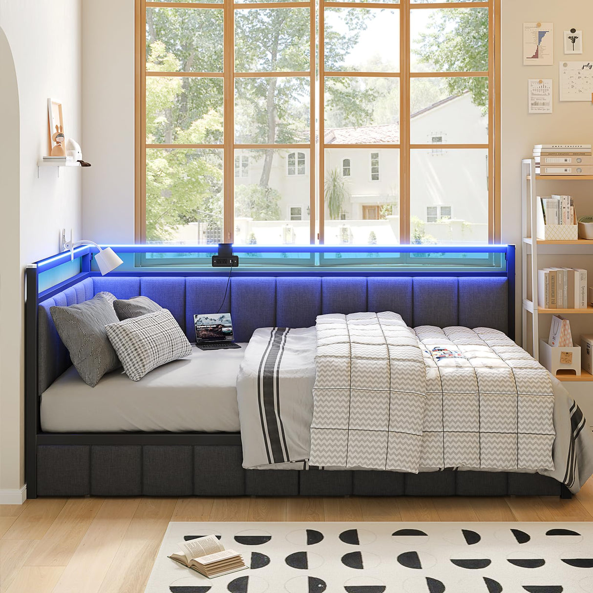 Hasuit Corner Bed Frame with Storage Drawers, Twin Daybed with Line Fabric Upholstered Fence, Kids Bed Unit with LED Light and Charging Station, Modern Bed Frame Twin Size, Gray Hasuit