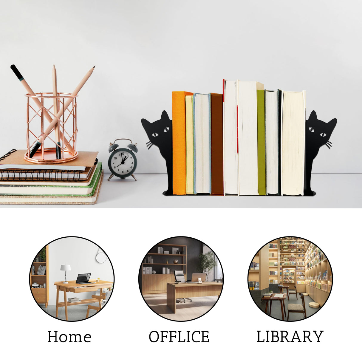 Peeping Cat Metal Bookends Cute Cat Book Ends for Shelves Bookshelf Decorative Objects Home Office Desk Bookshelf Decor Cat Lover Gifts for Women (Black) Ecqizer