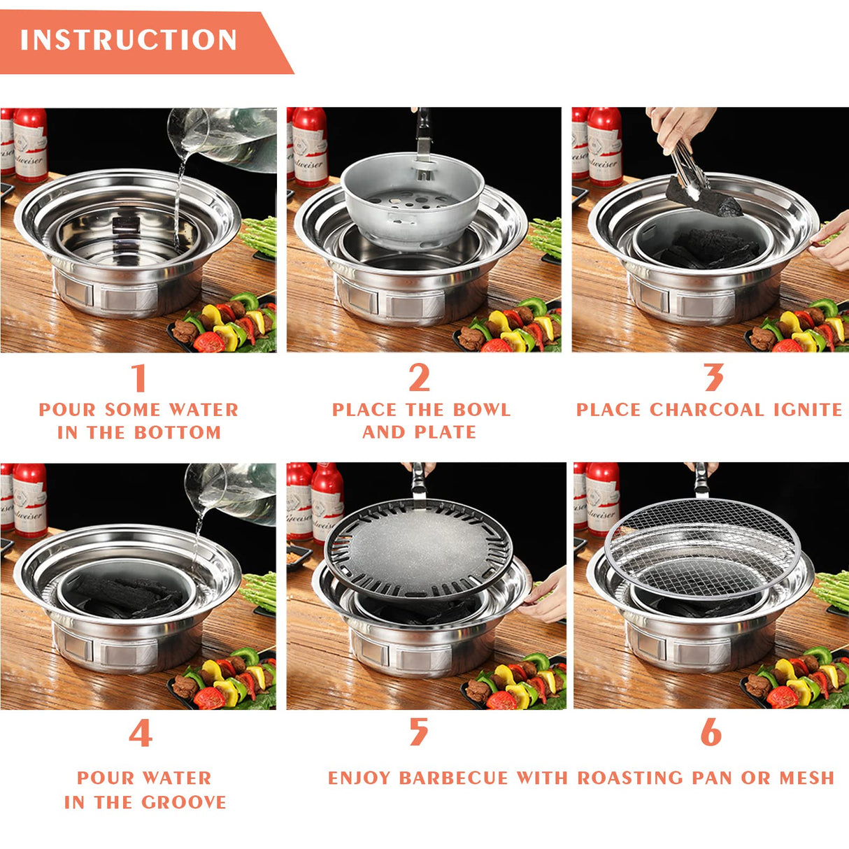 Puraville Charcoal Barbecue Grill, 13.7 Inches Non-Stick Korean BBQ Grill, Portable Stainless Steel Charcoal Stove for Home Party Outdoor Camping AdikeMicegen