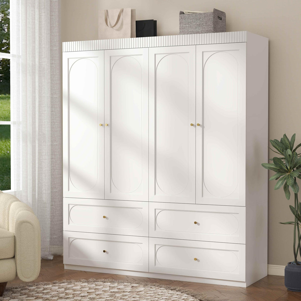 Swyanste White Armoire Wardrobe Closet: 74" Large Wardrobe Closet with 4 Drawers, 4 Door Armoire Wardrobes for Hanging Clothes, Modern Wooden Closets for Bedroom (White) Swyanste