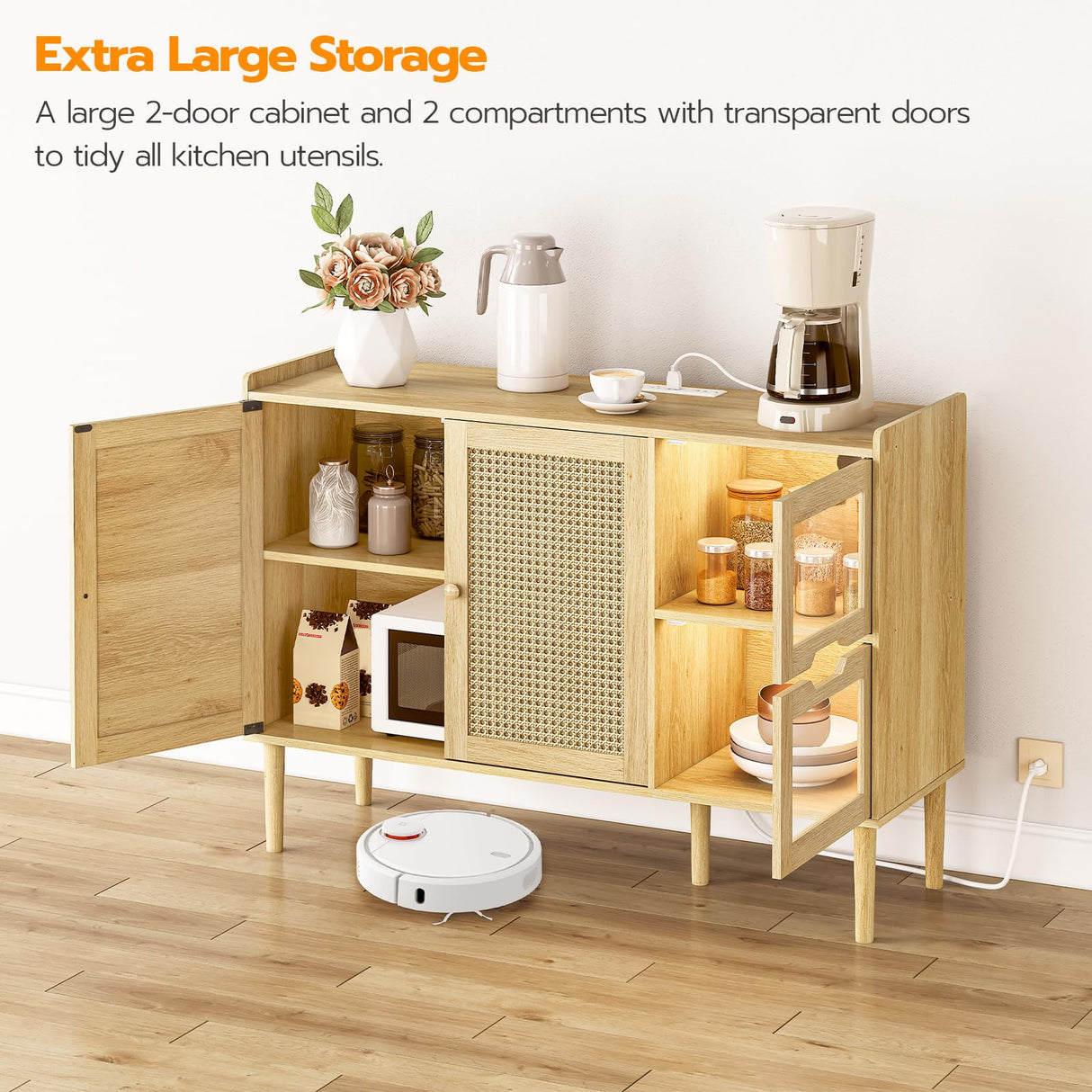 HOOBRO Buffet Cabinet with Power Outlet, 47.2" Kitchen Sideboard Storage Cabinet & LED Light, Rattan Decor Doors, Accent Cabinet Coffee Bar Cabinet Console Table for Hallway Entry, Natural NL120UDCB01 HOOBRO