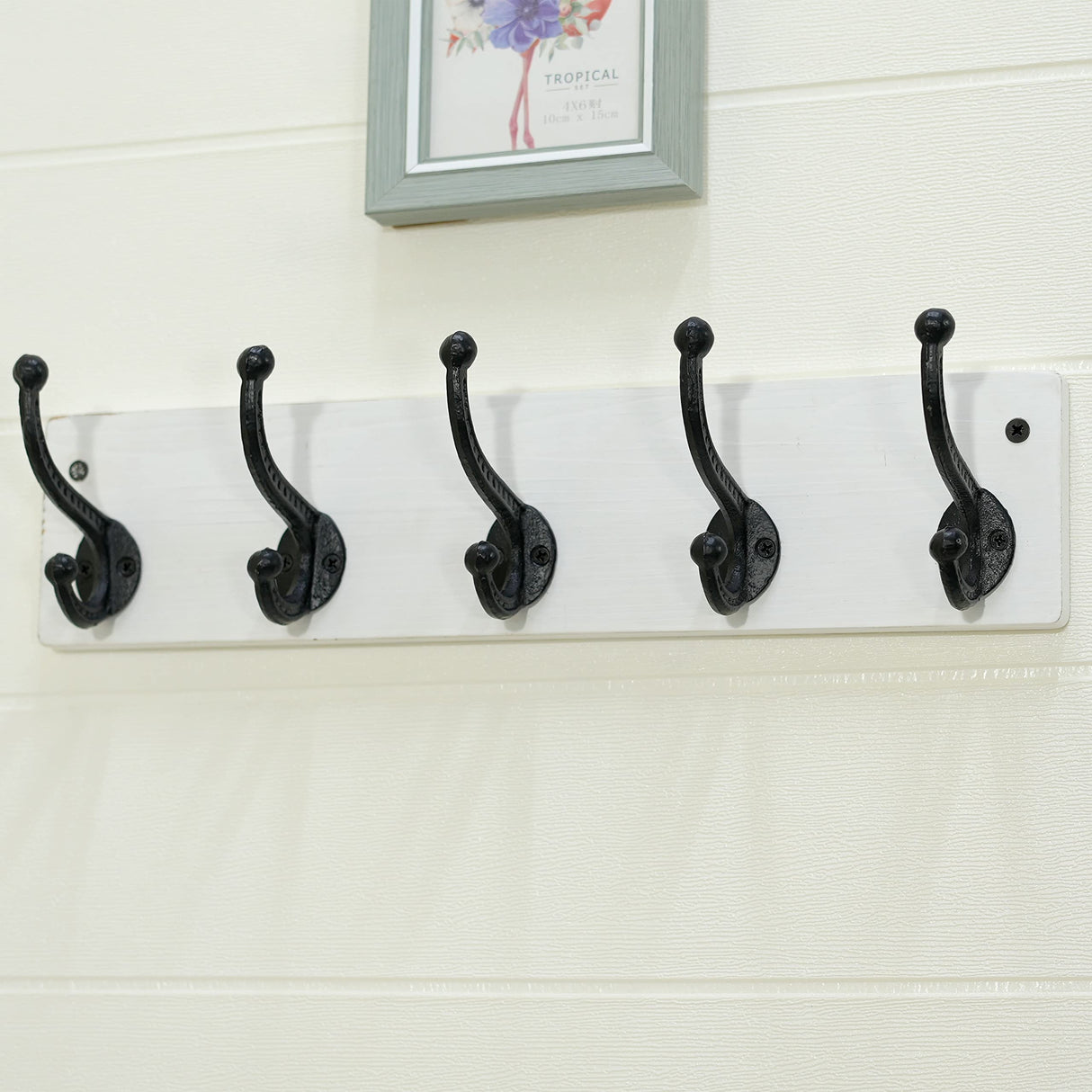 WEBI Rustic Coat Rack Wall Mount,5 Cast Iron Coat Hooks Wall Mounted,Heavy Duty Wall Coat Hanger,Vintage Hooks for Hanging Coats,Clothes,Black on White WEBI