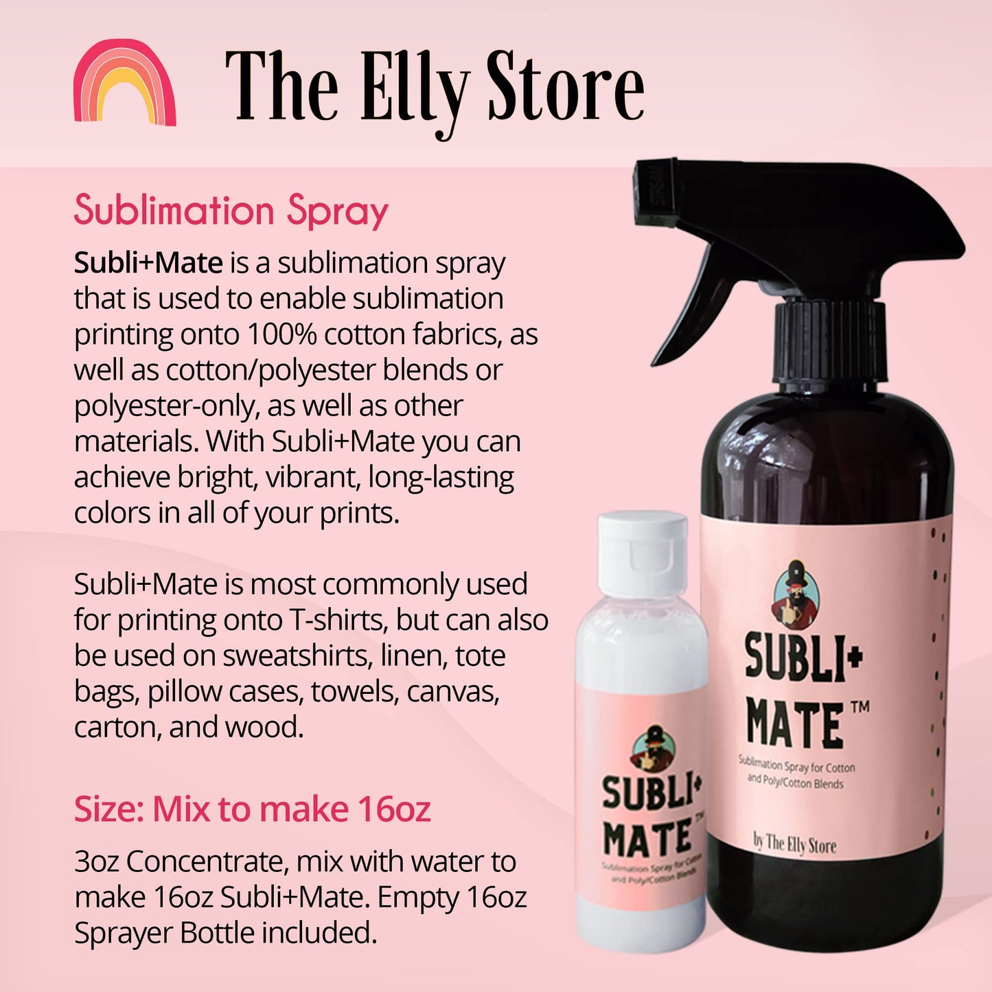 Subli+ Mate Sublimation Spray for Cotton and Polyester-3 oz Concentrate makes 16oz- Brighter and More Vibrant Colors. Polycrylic-Free.Made in USA