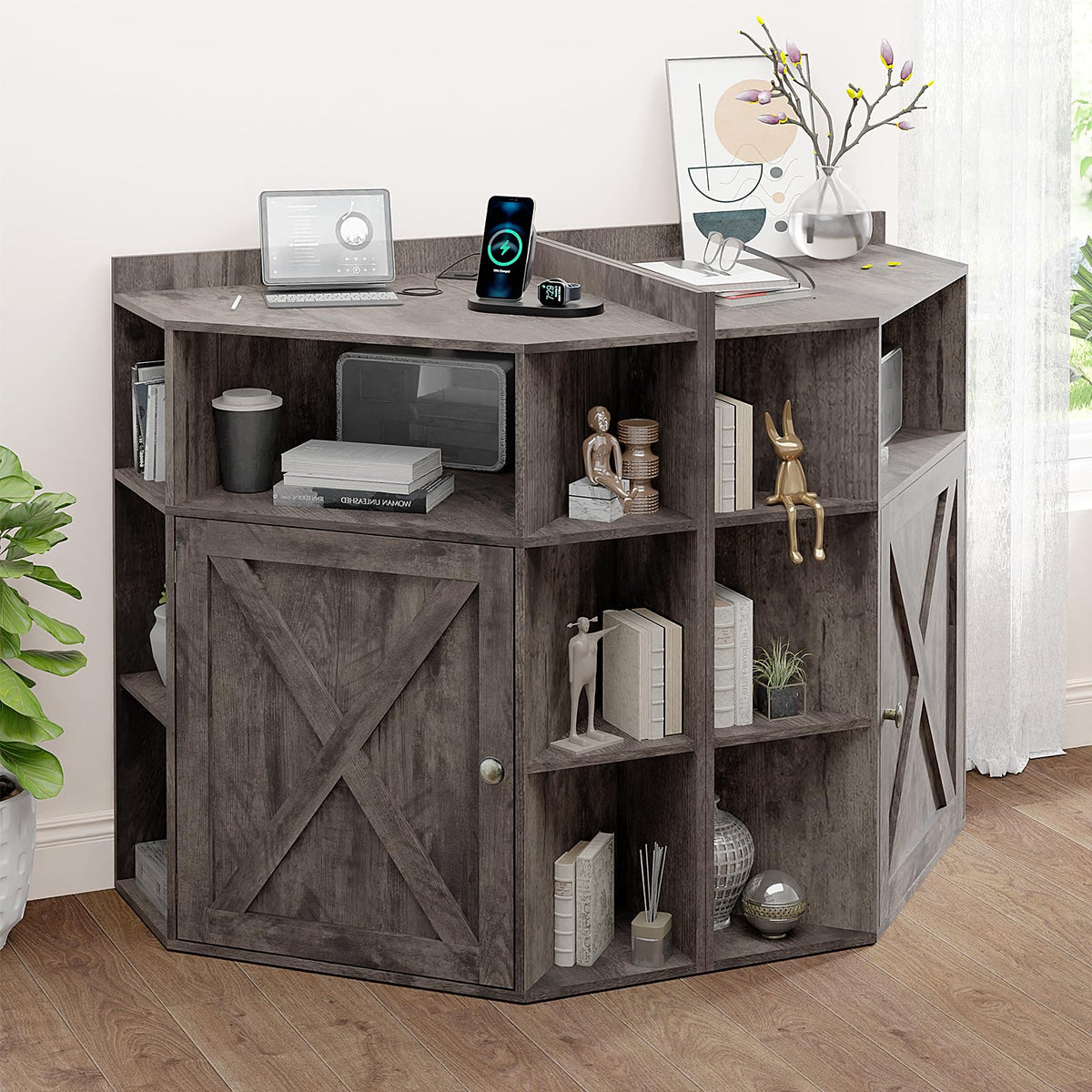 Corner Cabinet, Corner Storage Shelf with USB Ports and Outlets Indust ...