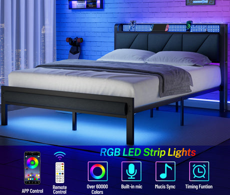 Furnulem Rustic Brown Queen Size Bed Frame with LED Headboard, USB Charging Station and Under-Bed Storage Furnulem