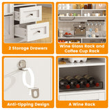 VVFLU Hutch Storage Buffet Cabinet with Drawers, and Charging Station, Coffee Bar Cabinet with Barn Doors, Wine Rack and Hooks, White Wood Sideboard Buffet for Kitchen, Dining Room, 54.5" High VVFLU