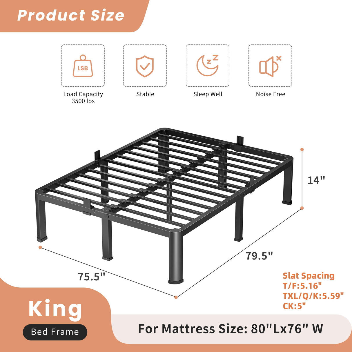 VIPSHOW 14 Inch King Heavy Duty 3500 lbs Bed Frame with Round-Corner Legs & Anti-Squeak Design – Quick Assembly Metal Platform, No Box Spring Needed VIPSHOW