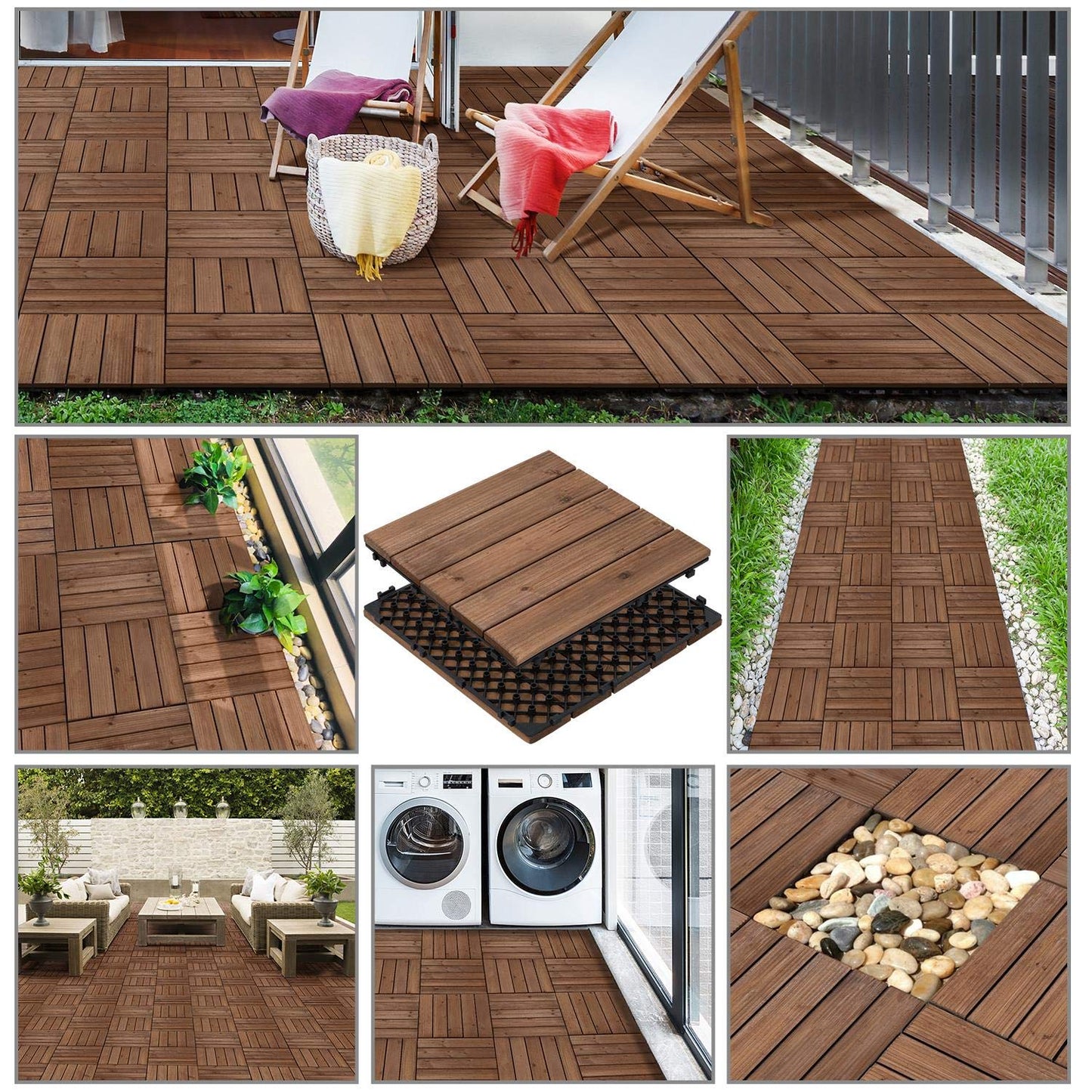 Yaheetech 12 x 12'' Patio Deck Tiles Interlocking Wood Floor Tiles Indoor & Outdoor for Patio Garden Deck Poolside Pack of 11 Tiles Brown