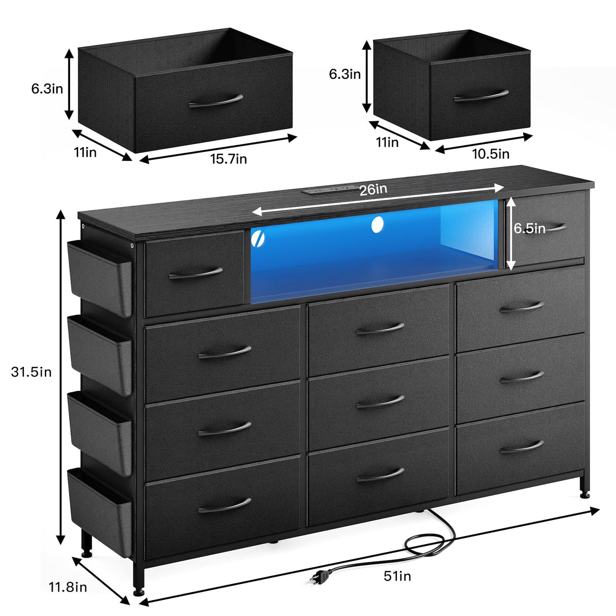 Fixwal Black Dresser for Bedroom with Power Outlets and LED Lights 11 Drawers Dresser with Side Pocket for Kids Bedroom, Fabric Chest of Drawers, for 60inch TV Long Dresser Storage Organizer Fixwal