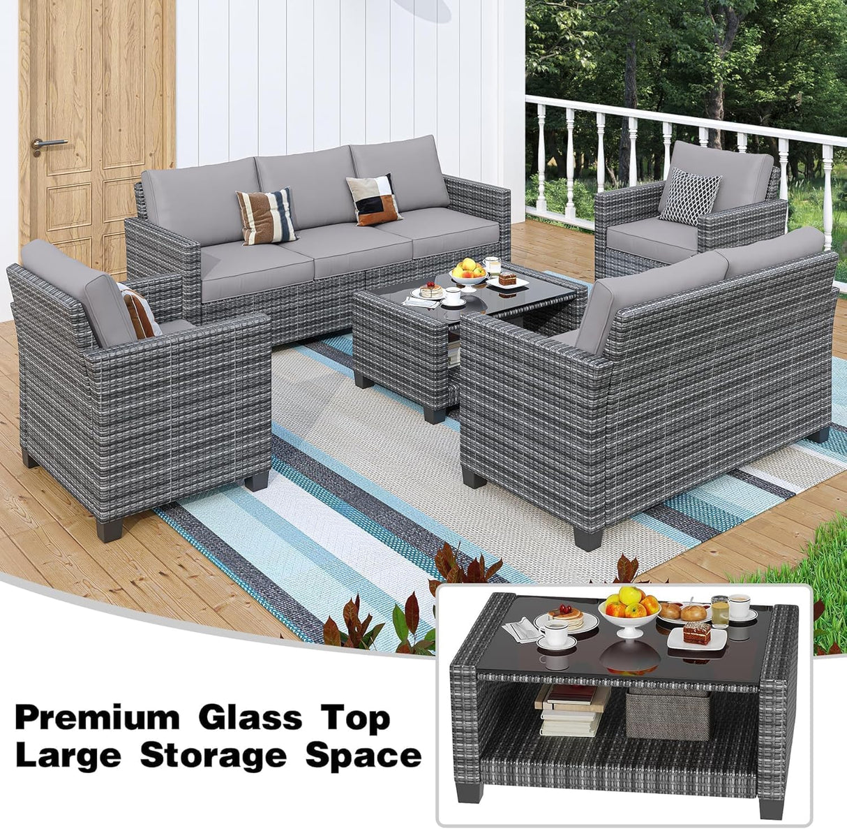 Patio Furniture Sets 6 Pieces, PE Wicker Modern Patio Conversation Set with Storage Cushions for Poolside, Deck, Balcony, Grey + Earthy Grey GAOMON