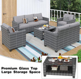 Patio Furniture Sets 6 Pieces, PE Wicker Modern Patio Conversation Set with Storage Cushions for Poolside, Deck, Balcony, Grey + Earthy Grey GAOMON