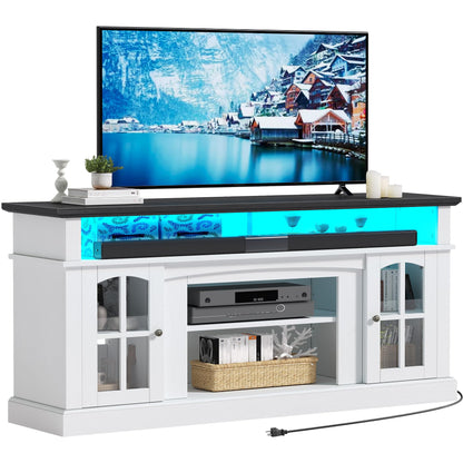 YITAHOME LED Modern TV Stand for 65 Inch w/Outlets, Farmhouse Entertainment Center with Glass Doors and Adjustable Storage Shelves, Media Console TV Cabinet for for Living Room, White/Black