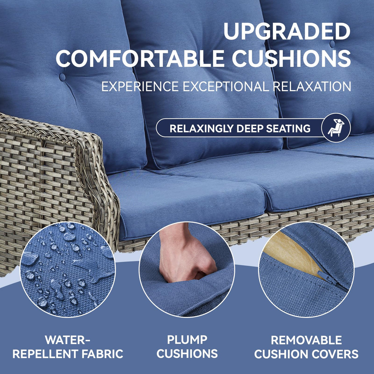 Bellefurn Patio Sofa Couch Outdoor Wicker Sofa PE Rattan 3-Seat Couch with Curved Armest Water Resistant Cushions for Garden Balcony Sunroom Poolside, Grey Wicker|Blue Cushions, Sofa(1PC) Bellefurn