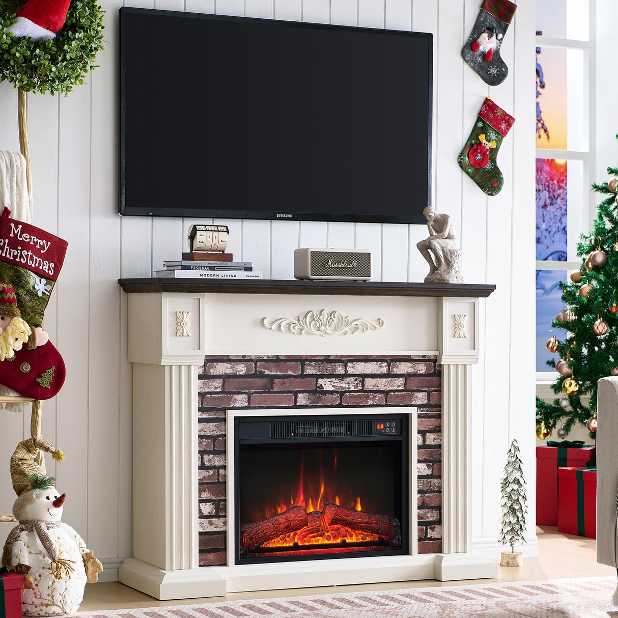 43" Electric Fireplace with Mantel, Electric Fireplace Heater, TV Stand w/Freestanding Electric Fireplace, Stacked Stone Surround, Remote Control, Adjustable Flame Level for Living Room (White) Aitjunz