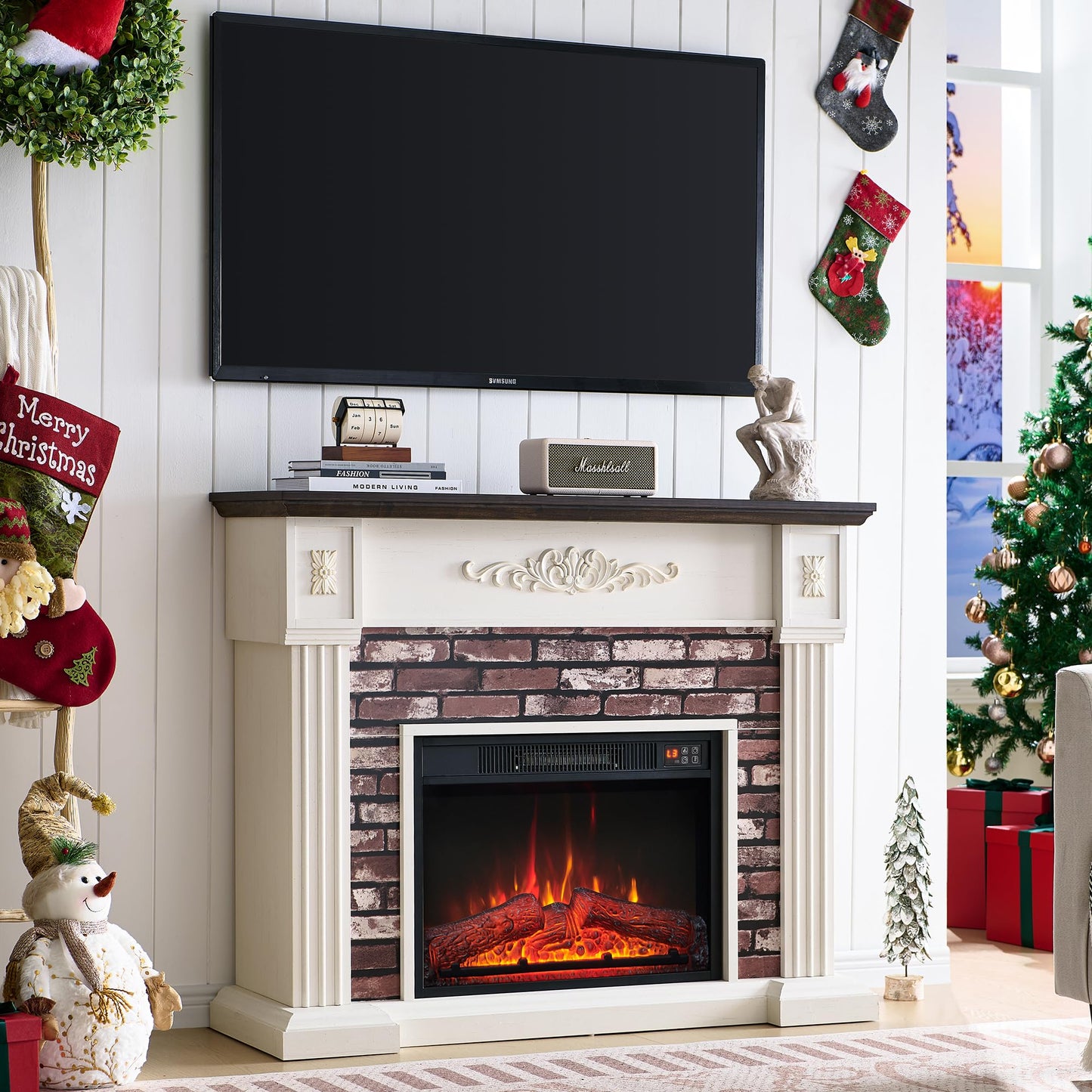 43" Electric Fireplace with Mantel, Electric Fireplace Heater, TV Stand w/Freestanding Electric Fireplace, Stacked Stone Surround, Remote Control, Adjustable Flame Level for Living Room (White)