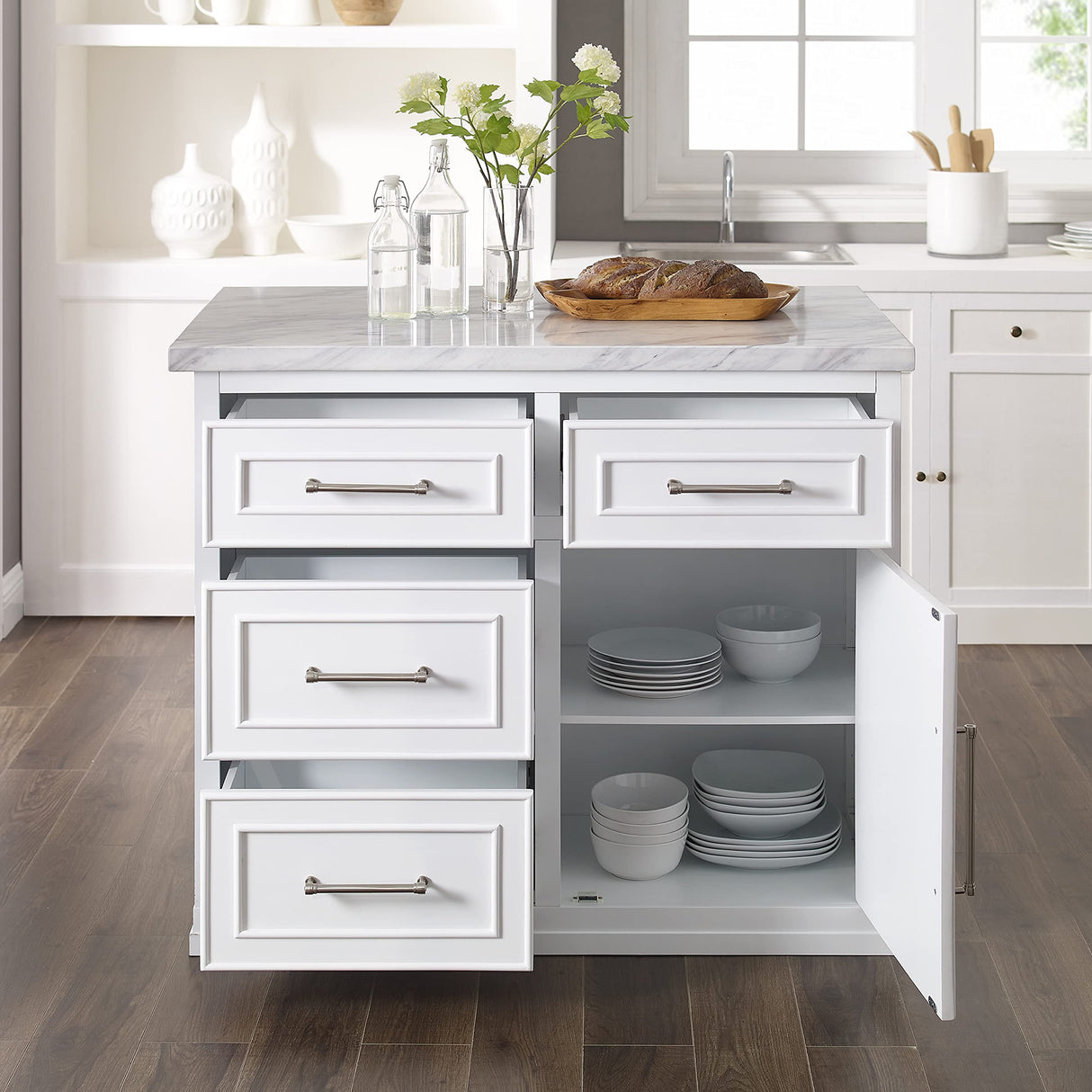 Crosley Furniture Cutler Faux Marble Top Kitchen Island with Storage, Breakfast Bar, Microwave Stand, White Crosley Furniture