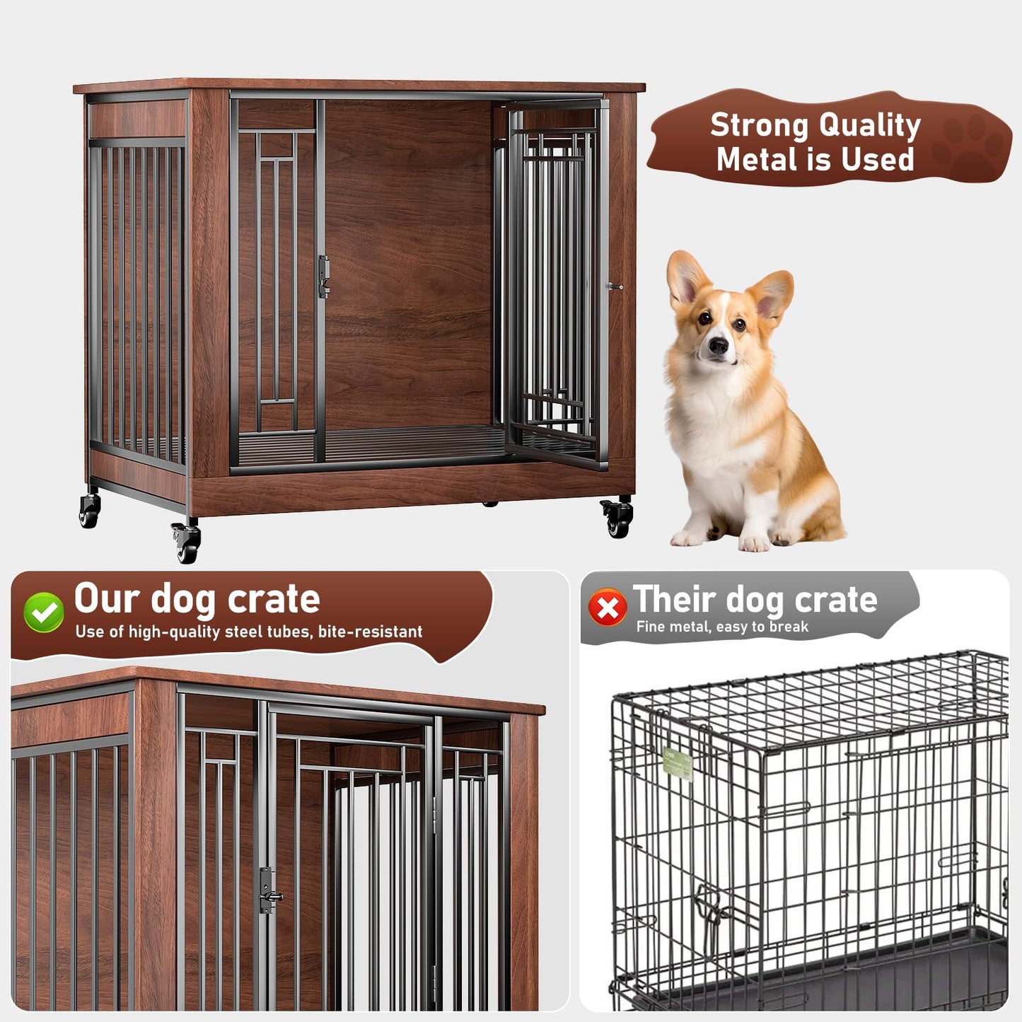 Dog Crate Furniture, 32" Dog Kennel Furniture, Small Dog Kennel Indoor, Dog Crates for Small Dogs, Wooden Dog Crate with Wheels, Tray, Feeding Window - WoodArtSupply