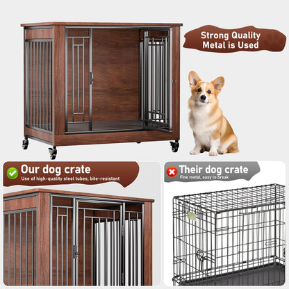 Dog Crate Furniture, 32" Dog Kennel Furniture, Small Dog Kennel Indoor, Dog Crates for Small Dogs, Wooden Dog Crate with Wheels, Tray, Feeding Window - WoodArtSupply