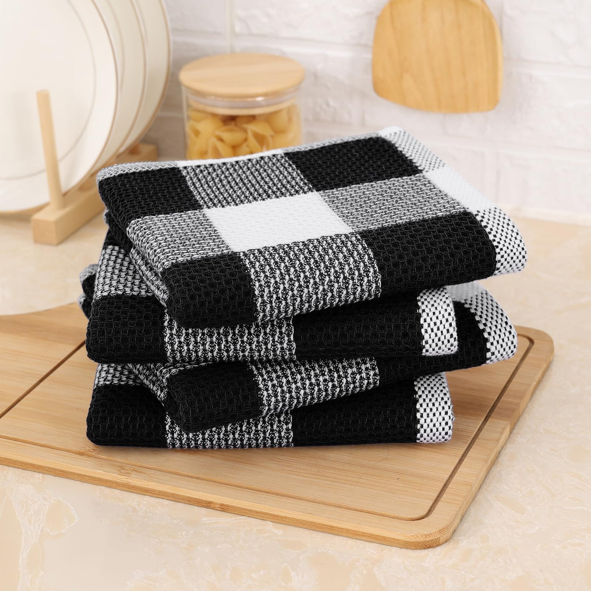 Mordimy 100% Cotton Waffle Weave Kitchen Towels, 13 x 28 Inches, Super Soft and Absorbent Buffalo Check Dish Towels for Drying Dishes, 4-Pack, Black & White Mordimy